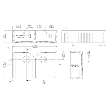 BUF121AF32D Nuie Butler 795 x 500mm White Fireclay Deco Full Weir Double Kitchen Sink Line Drawing