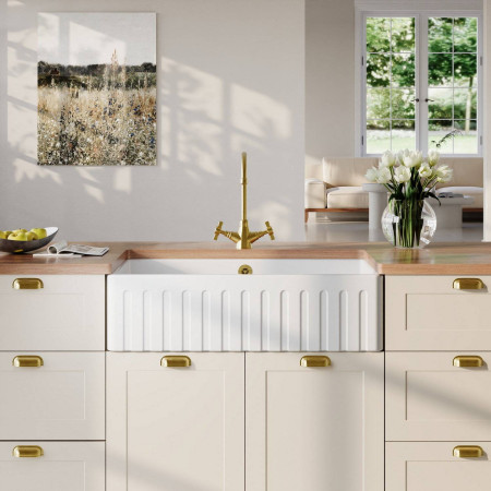 BUF10132 Nuie Butler 795 x 500mm White Fireclay Deco Kitchen Sink & Overflow Lifestyle