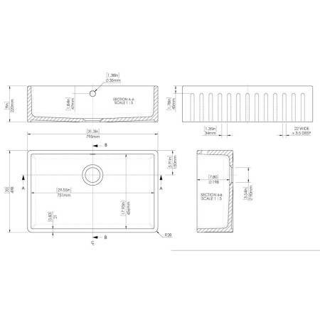 BUF10132 Nuie Butler 795 x 500mm White Fireclay Deco Kitchen Sink & Overflow Line Drawing