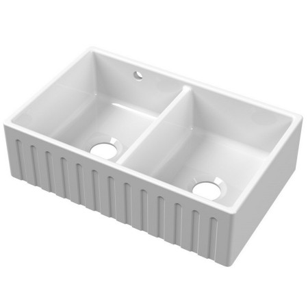 Nuie Butler 795 x 500mm White Fireclay Deco Stepped Weir Double Kitchen Sink