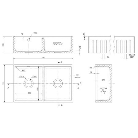 BUF111AS32D Nuie Butler 795 x 500mm White Fireclay Deco Stepped Weir Double Kitchen Sink Line Drawing
