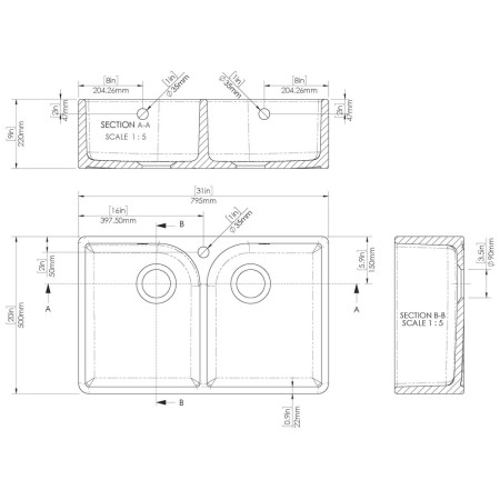 BU131AF32D Nuie Butler 795 x 500mm White Fireclay Full Weir Double 1TH Sink & Overflows Line Drawing