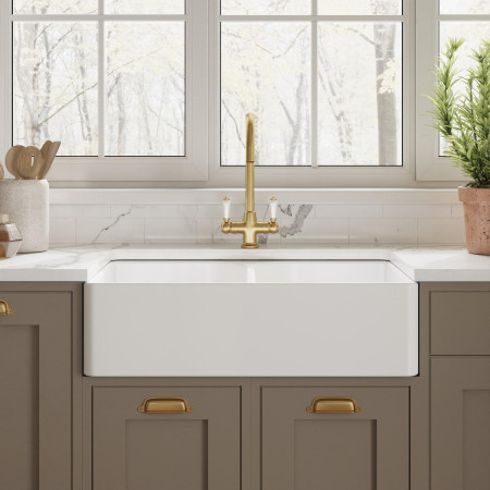 BU120AF32D Nuie Butler 795 x 500mm White Fireclay Full Weir Double Kitchen Sink Lifestyle