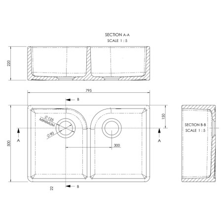 BU120AF32D Nuie Butler 795 x 500mm White Fireclay Full Weir Double Kitchen Sink Line Drawing