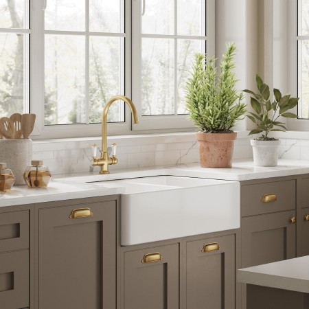 BU120AF32D Nuie Butler 795 x 500mm White Fireclay Full Weir Double Kitchen Sink with Brushed Brass Tap