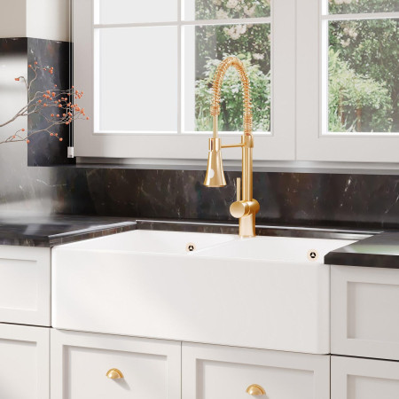 BU121AF32D Nuie Butler 795 x 500mm White Fireclay Full Weir Double Sink & Overflows with Brushed Brass Tap