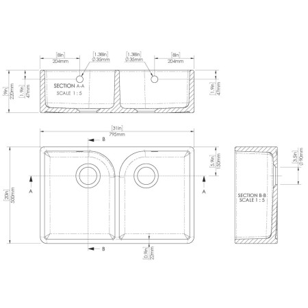 BU121AF32D Nuie Butler 795 x 500mm White Fireclay Full Weir Double Sink & Overflows Line Drawing