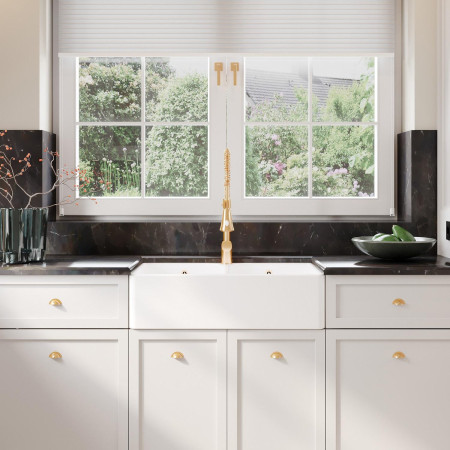 BU121AF32D Nuie Butler 795 x 500mm White Fireclay Full Weir Double Sink & Overflows Lifestyle