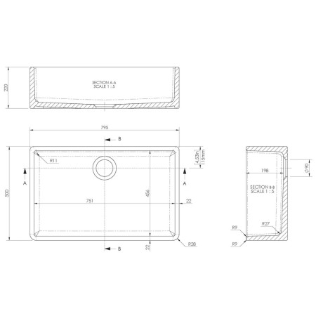 BU10032 Nuie Butler 795 x 500mm White Fireclay Kitchen Sink Line Drawing