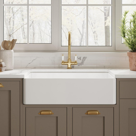 BU10032 Nuie Butler 795 x 500mm White Fireclay Kitchen Sink Lifestyle