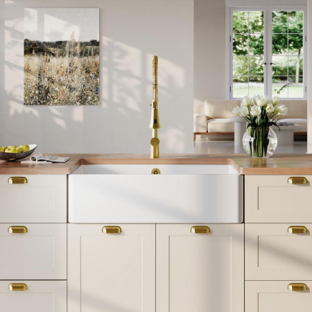 BU10132 Nuie Butler 795 x 500mm White Fireclay Kitchen Sink & Overflow Lifestyle