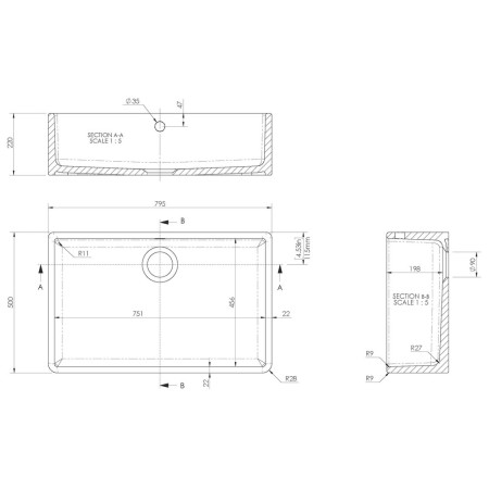 BU10132 Nuie Butler 795 x 500mm White Fireclay Kitchen Sink & Overflow Line Drawing
