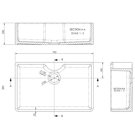 BU12032 Nuie Butler 795 x 500mm White Fireclay Sink & Tap Ledge Line Drawing