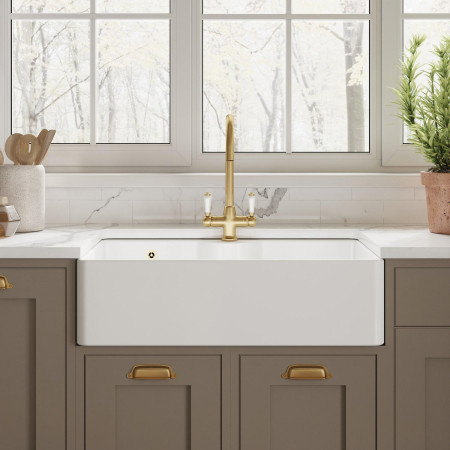 BU12132 Nuie Butler 795 x 500mm White Fireclay Sink with Overflow & Tap Ledge Lifestyle