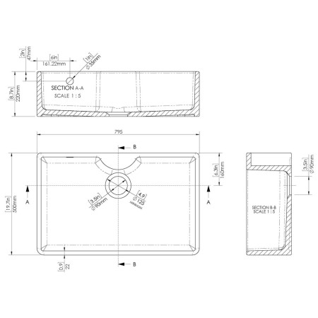 BU12132 Nuie Butler 795 x 500mm White Fireclay Sink with Overflow & Tap Ledge Line Drawing