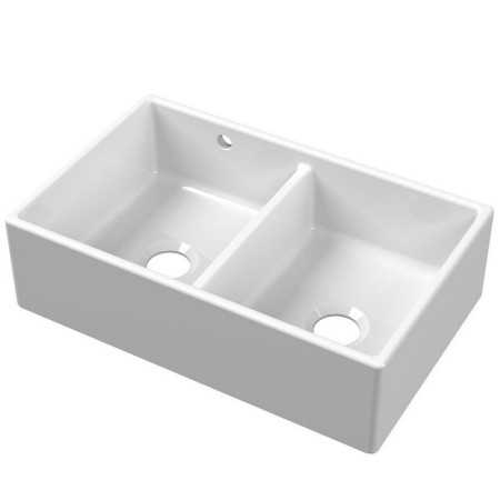 Nuie Butler 795 x 500mm White Fireclay Stepped Weir Double Sink with Overflow