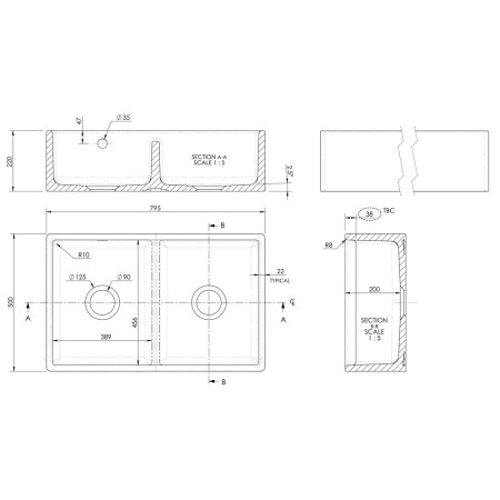 BU111AS32D Nuie Butler 795 x 500mm White Fireclay Stepped Weir Double Sink with Overflow Line Drawing