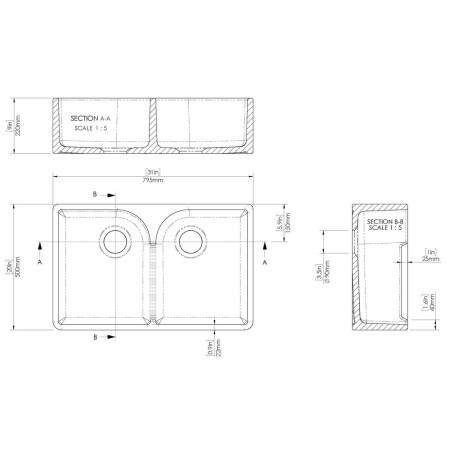 BU120AS32D Nuie Butler 795 x 500mm White Fireclay Stepped Weir Double Kitchen Sink Line Drawing
