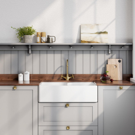 BU120AS32D Nuie Butler 795 x 500mm White Fireclay Stepped Weir Double Kitchen Sink Lifestyle