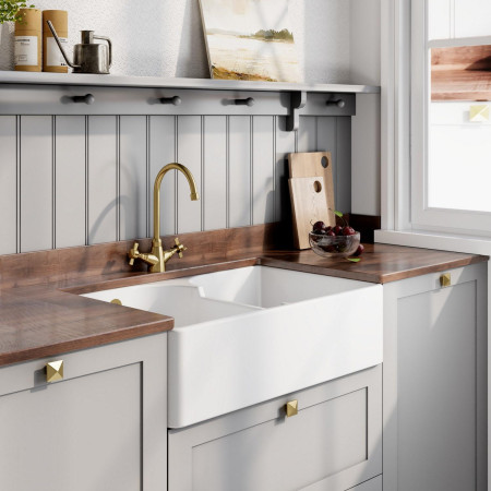 BU121AS32D Nuie Butler 795 x 500mm White Fireclay Stepped Weir Double Sink & Overflow with Brushed Brass Tap