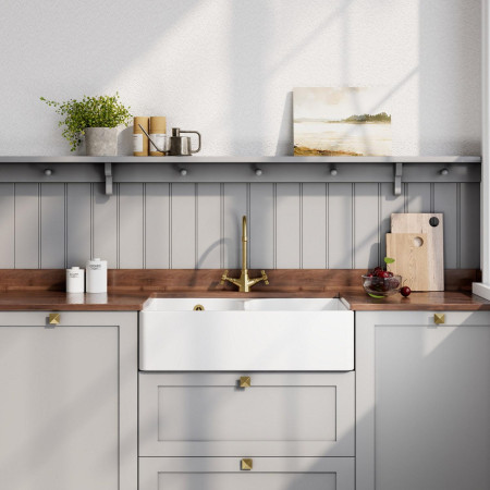 BU121AS32D Nuie Butler 795 x 500mm White Fireclay Stepped Weir Double Sink & Overflow Lifestyle