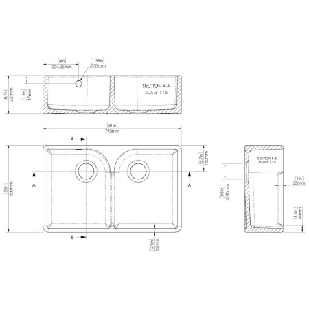 BU121AS32D Nuie Butler 795 x 500mm White Fireclay Stepped Weir Double Sink & Overflow Line Drawing