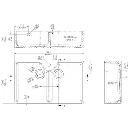 BU131AS36D Nuie Butler 895 x 550mm White Fireclay Stepped Weir Double 1TH Sink & Overflow Line Drawing
