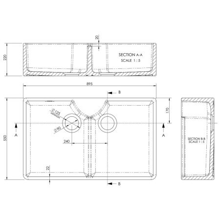 BU120AS36D Nuie Butler 895 x 550mm White Fireclay Stepped Weir Double Kitchen Sink Line Drawing