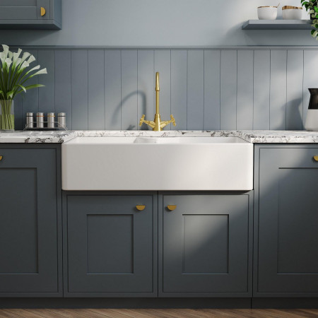 BU120AS36D Nuie Butler 895 x 550mm White Fireclay Stepped Weir Double Kitchen Sink Lifestyle