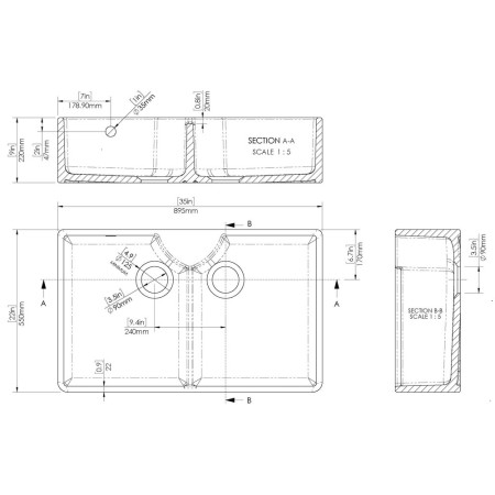 BU121AS36D Nuie Butler 895 x 550mm White Fireclay Stepped Weir Double Sink & Overflow Line Drawing