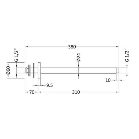ARM16 Nuie Ceiling Mounted 380mm Shower Arm in Chrome Line Drawing