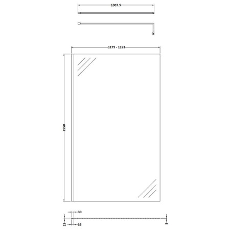 NWS1912 Nuie Chrome 1200 x 1950mm Wetroom Screen Line Drawing