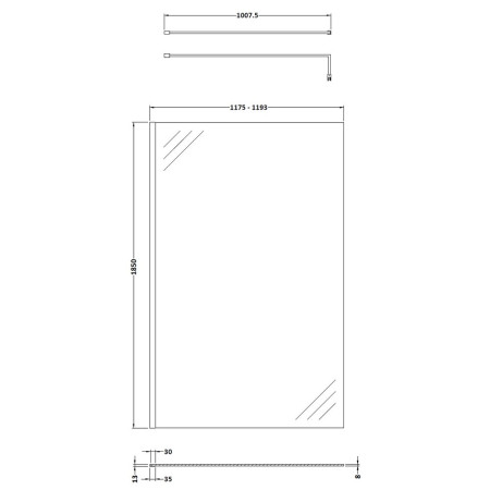 WRSC12 Nuie Chrome 1200mm Wetroom Screen Line Drawing