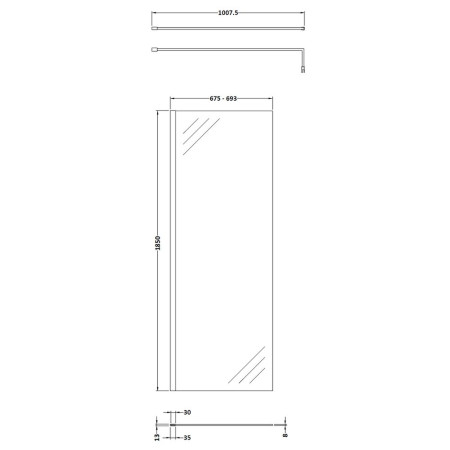 WRSC070 Nuie Chrome 700mm Wetroom Screen Line Drawing