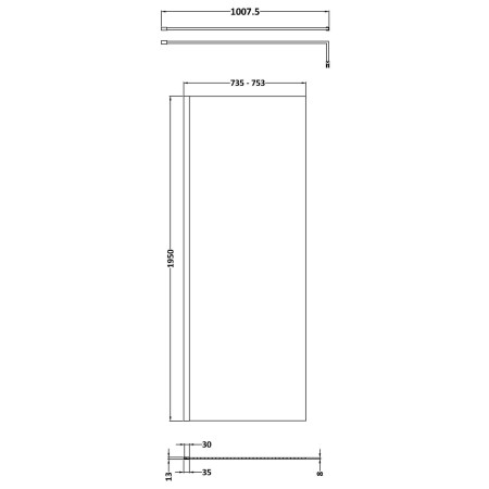 NWS1976 Nuie Chrome 760 x 1950mm Wetroom Screen Line Drawing