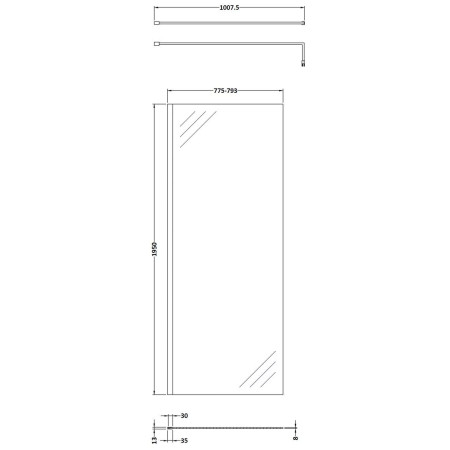 NWS1980 Nuie Chrome 800 x 1950mm Wetroom Screen Line Drawing