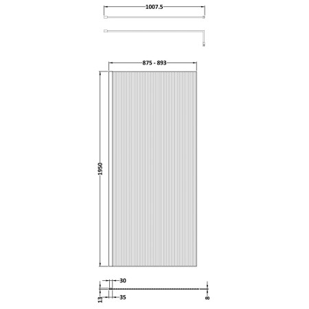 NWFL1990 Nuie Chrome 900 x 1950mm Fluted Wetroom Screen Line Drawing