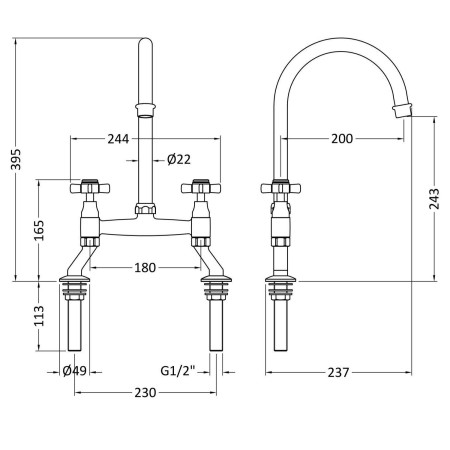 KB306 Nuie Chrome Bridge Traditional Crosshead Kitchen Tap Line Drawing