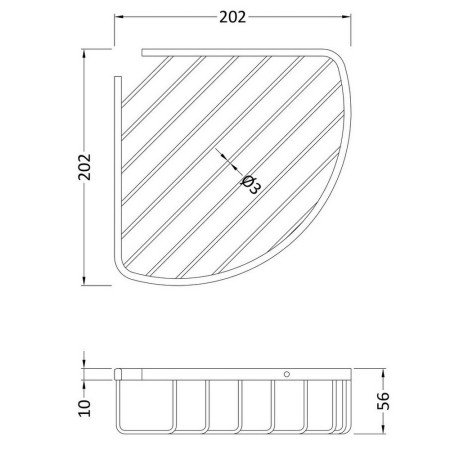 LL306 Nuie Chrome Deep Corner Shower Basket Line Drawing