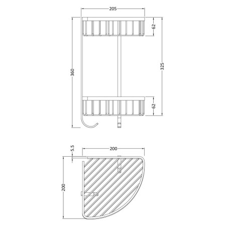 LL308 Nuie Chrome Large Two Tier Corner Shower Basket Line Drawing