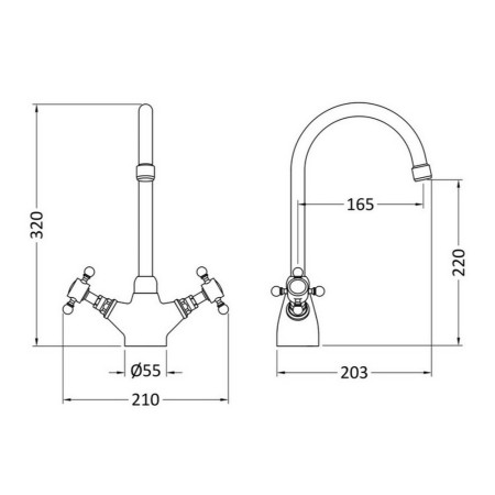 KB303 Nuie Chrome Traditional Mono Kitchen Sink Mixer Tap Line Drawing