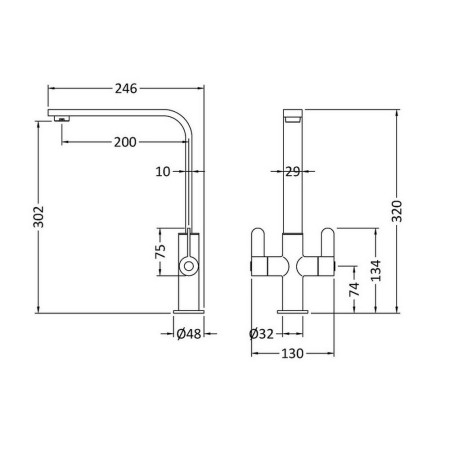 KCH405DL Nuie Churni Mono Dual Lever Kitchen Tap in Matt Black Line Drawing