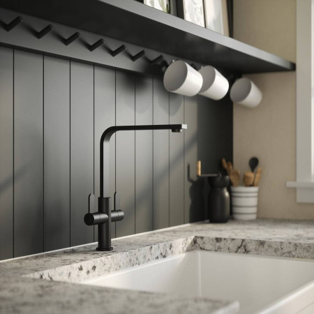 KCH405DL Nuie Churni Mono Dual Lever Kitchen Tap in Matt Black Lifestyle