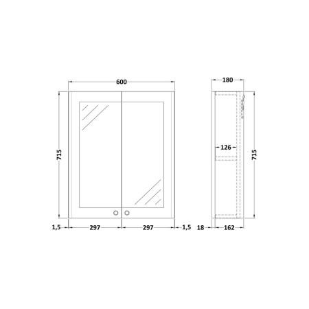CLA217 Nuie Classique 600mm Satin Grey Two Door Mirror Cabinet Line Drawing