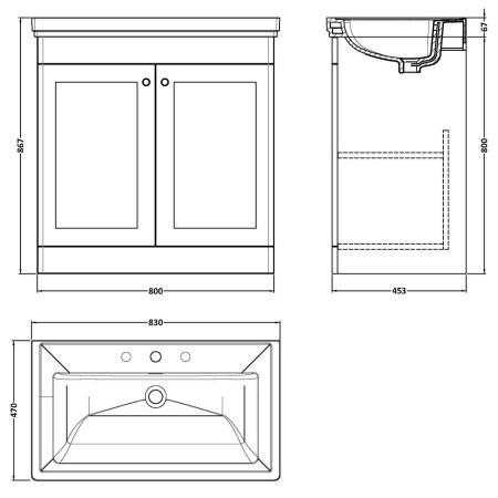 CLC226B Nuie Classique 800mm Satin Grey Floorstanding 3TH Vanity Unit (2)