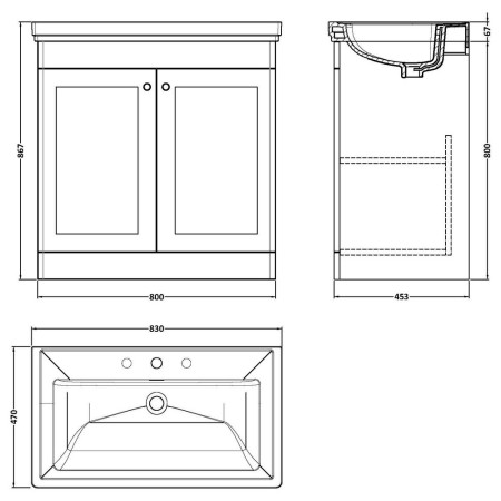 CLC126B Nuie Classique 800mm Satin White Floorstanding 3TH Vanity Unit (2)
