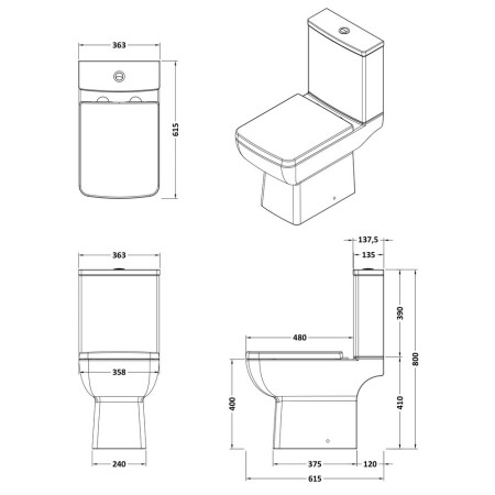 CSS006 Nuie Cleo Compact Close Coupled Pan and Cistern Line Drawing