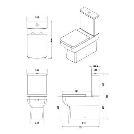 CSS007 Nuie Cleo Flush to Wall Close Coupled Pan and Cistern Line Drawing