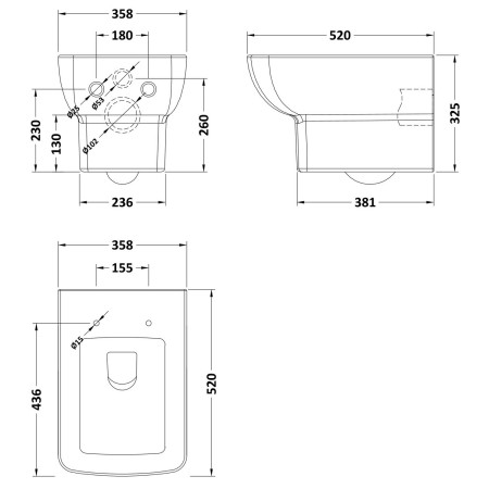 NCK140 Nuie Cleo Square Wall Hung Pan Dimensions