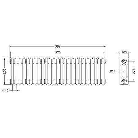 HX303 Nuie Colosseum Triple Panel Gloss White 300 x 999mm Horizontal Radiator Line Drawing